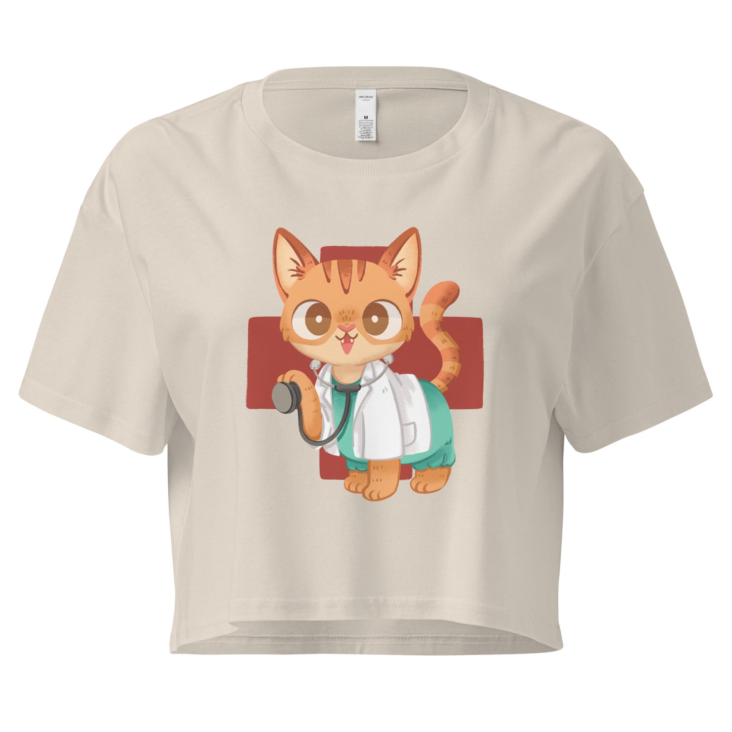 Beige crop top with cute cat in scrubs healthcare medical inspired graphic design