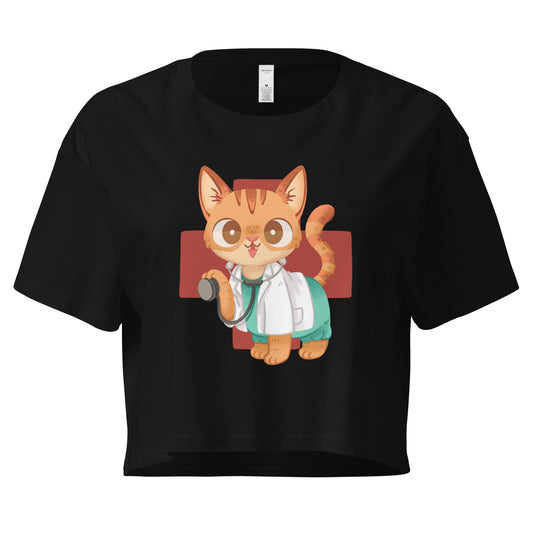 Black crop top with cute cat in scrubs healthcare medical inspired graphic design