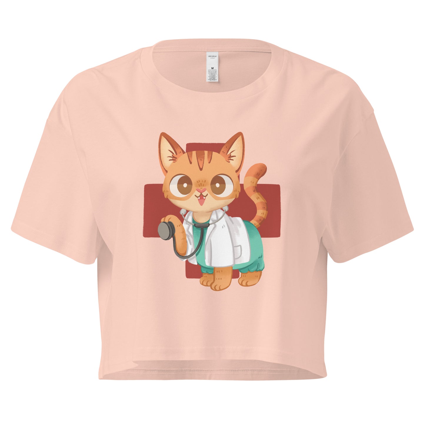 Peach crop top with cute cat in scrubs healthcare medical inspired graphic design