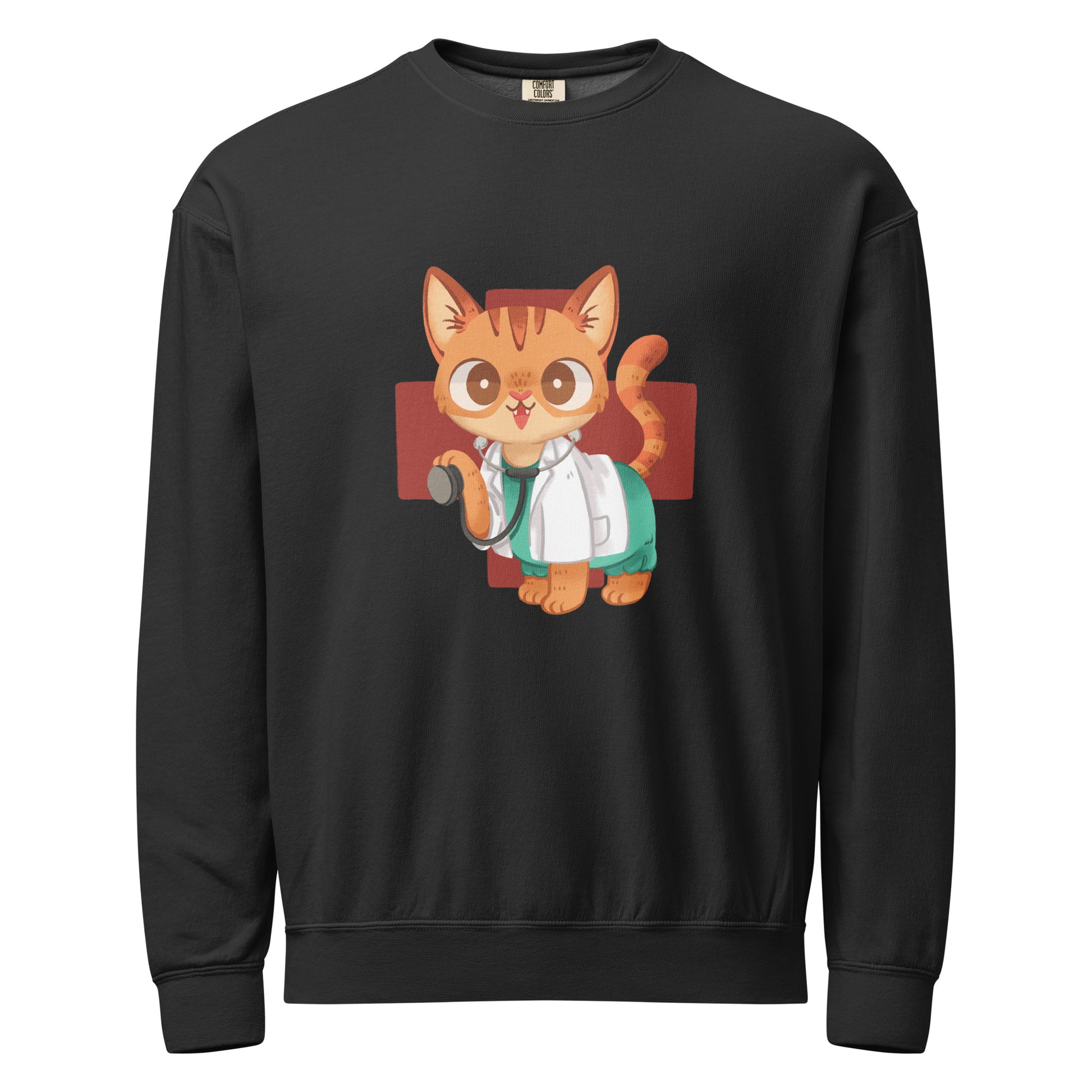 Black crewneck sweatshirt with cat in scrubs healthcare inspired design 