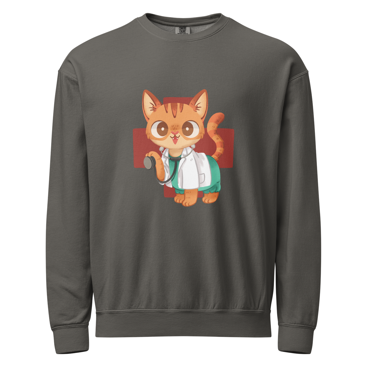 Gray crewneck sweatshirt with cat in scrubs healthcare inspired design 