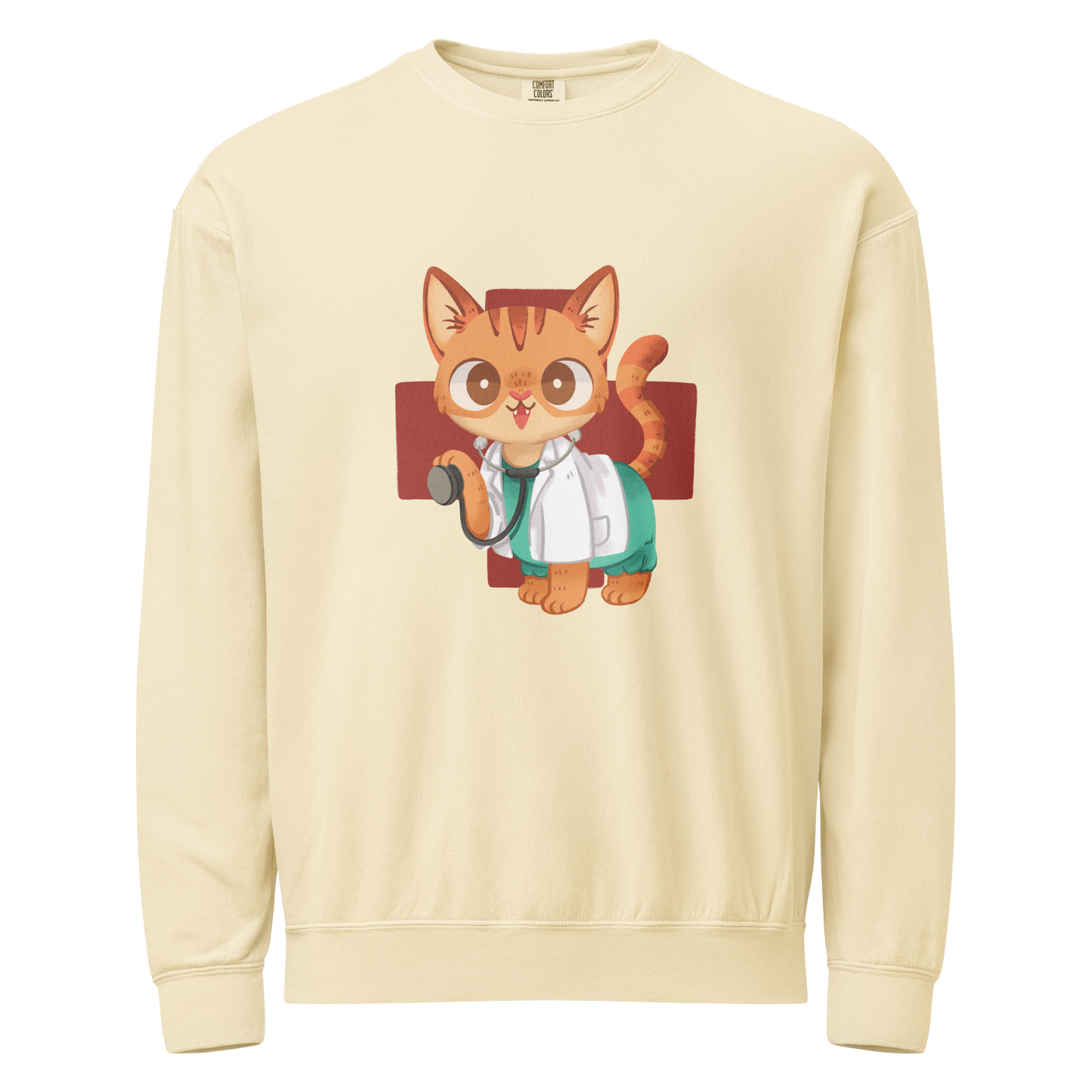 Ivory crewneck sweatshirt with cat in scrubs healthcare inspired design 