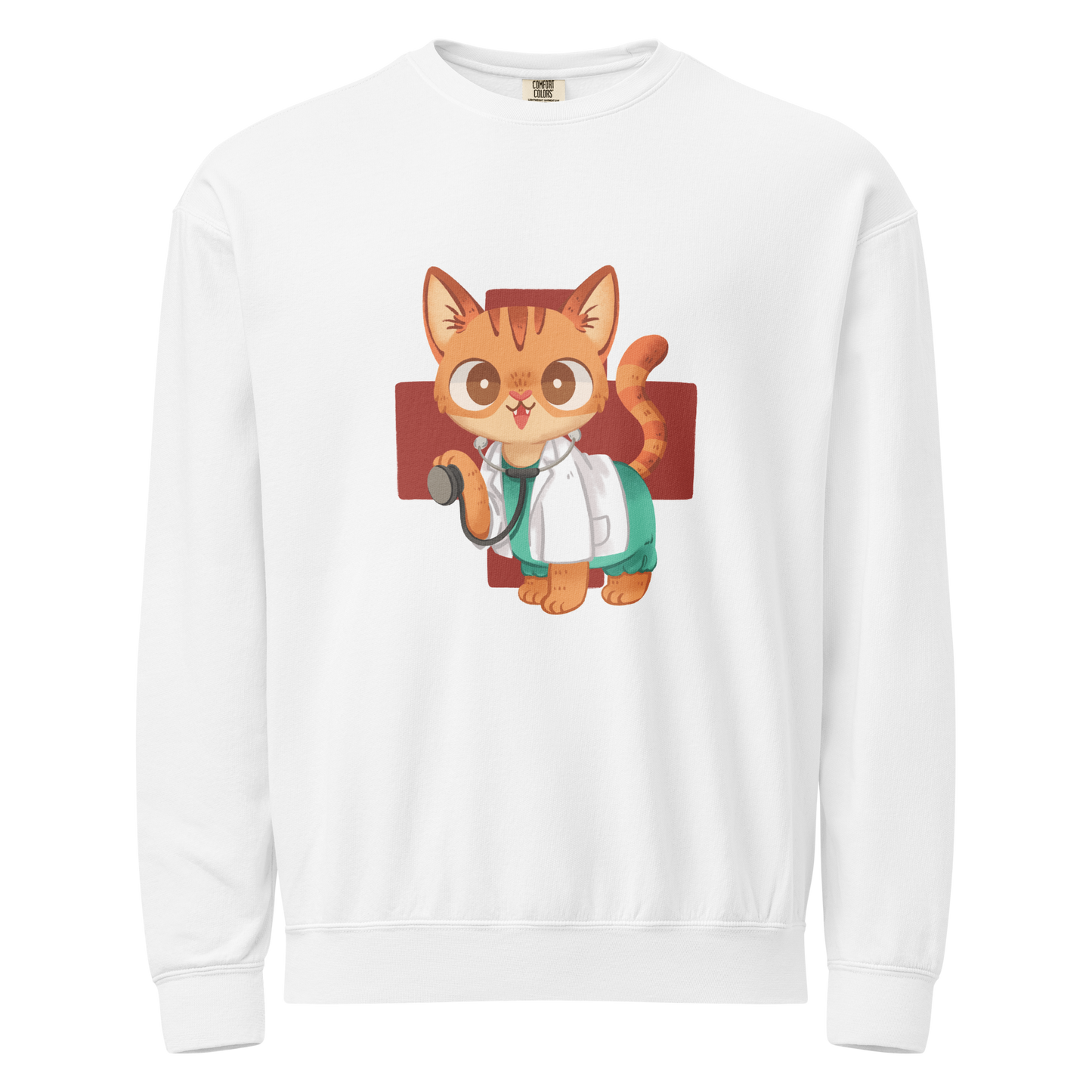 White crewneck sweatshirt with cat in scrubs healthcare inspired design 