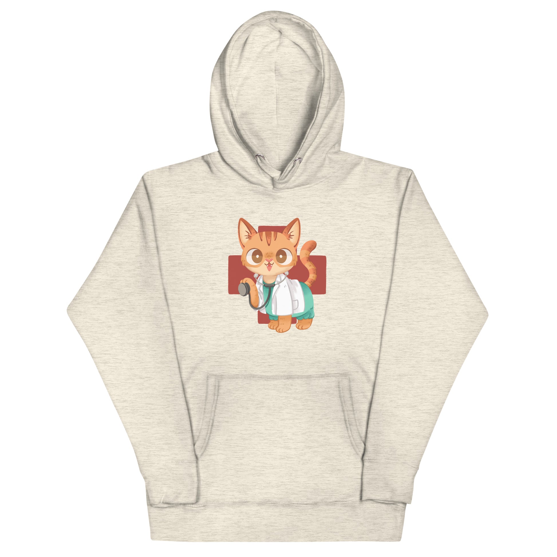 Beige heathered hoodie with cute orange cat in scrubs healthcare inspired graphic design