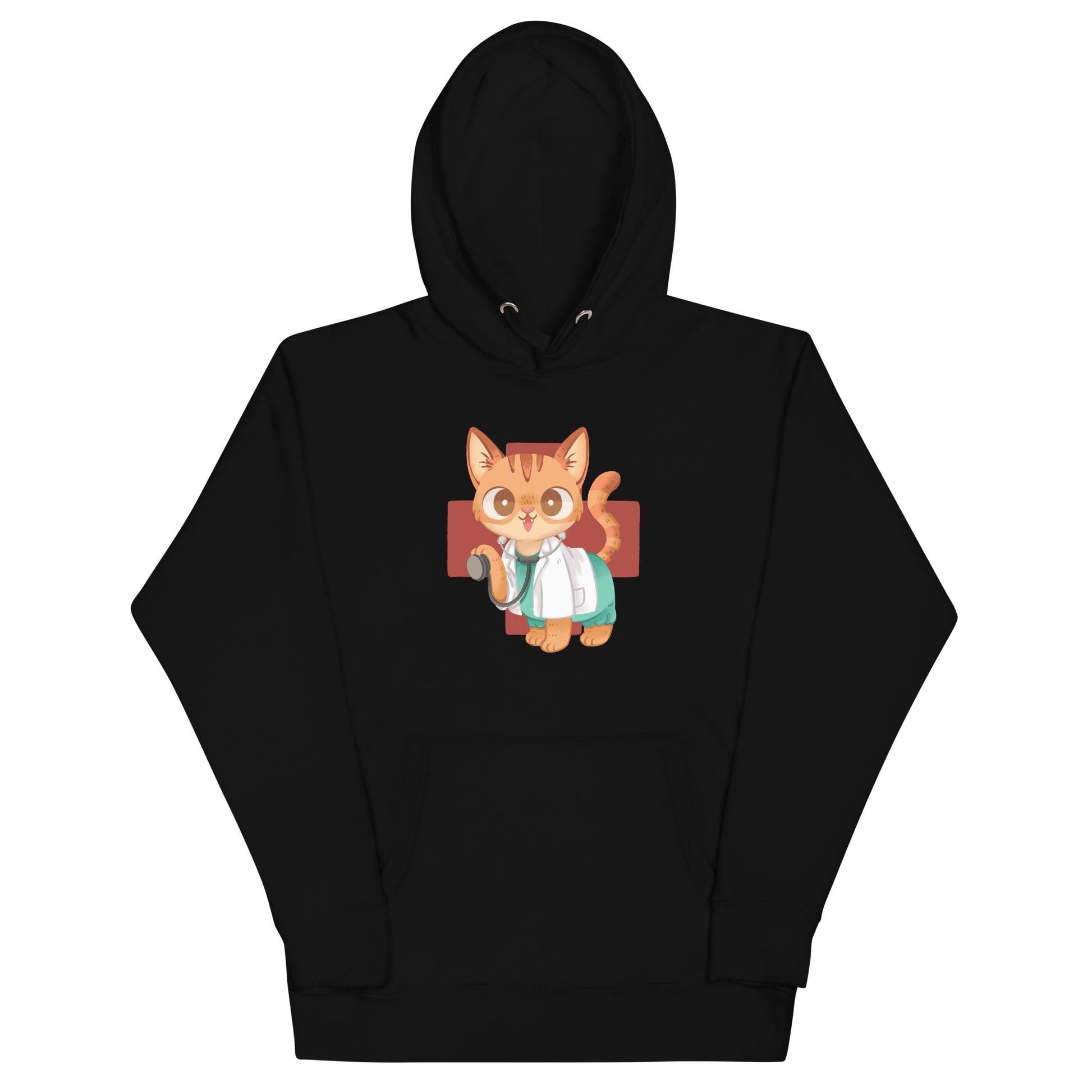 Black hoodie with cute orange cat in scrubs healthcare inspired graphic design