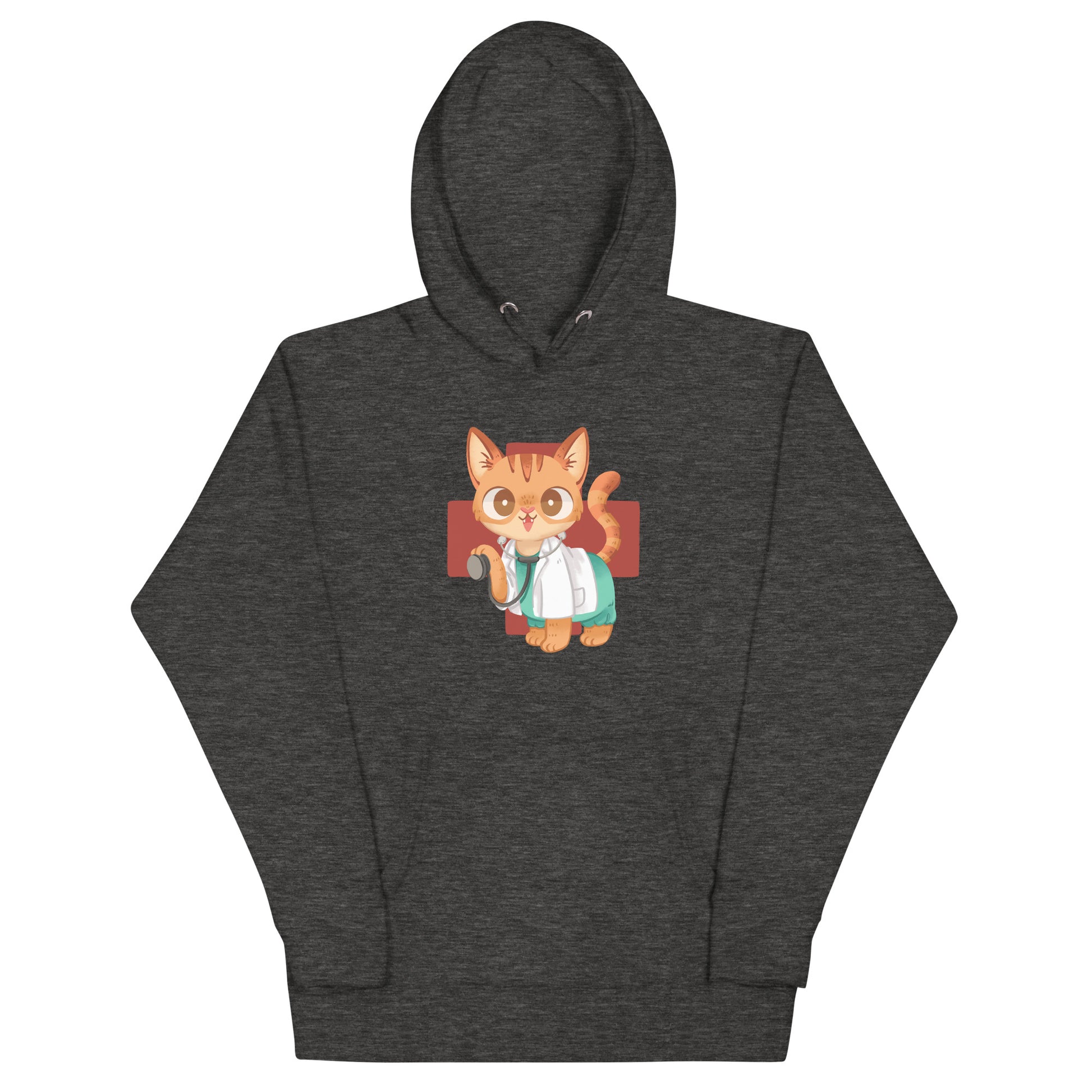 Dark gray heathered hoodie with cute orange cat in scrubs healthcare inspired graphic design
