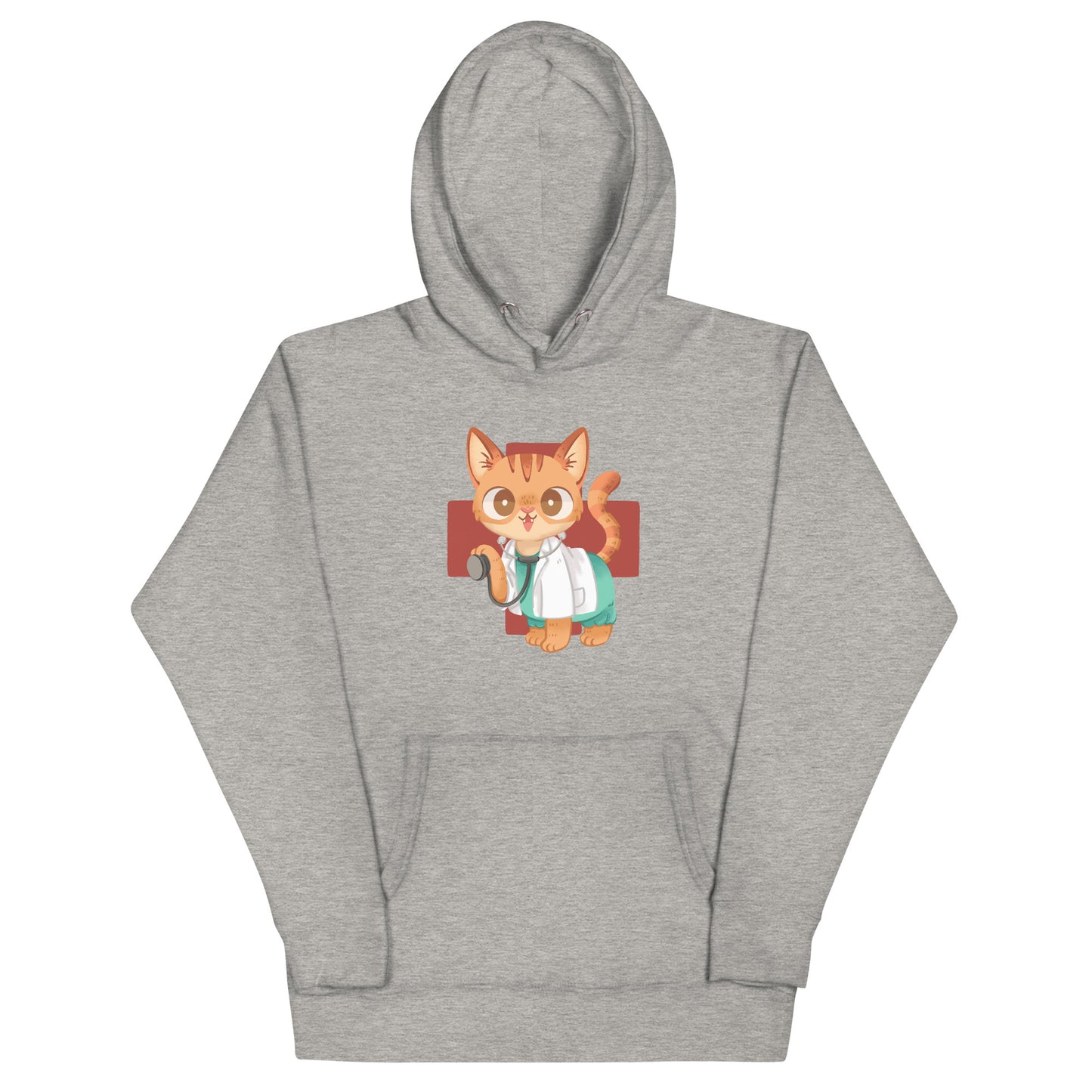 Light gray heathered hoodie with cute orange cat in scrubs healthcare inspired graphic design