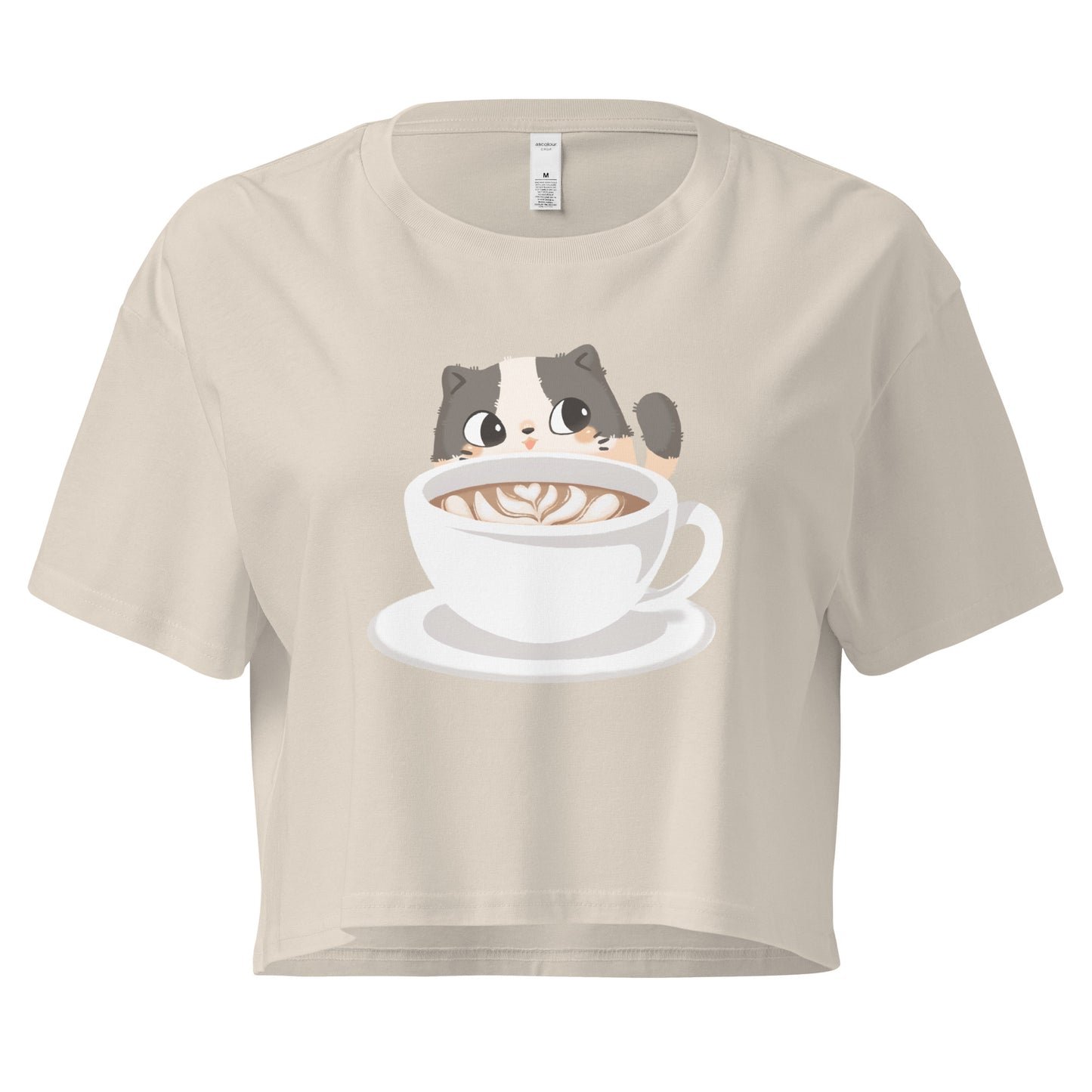 Beige crop top with cozy cat with latte design