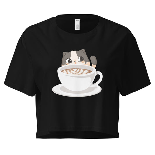 Black crop top with cozy cat with latte design