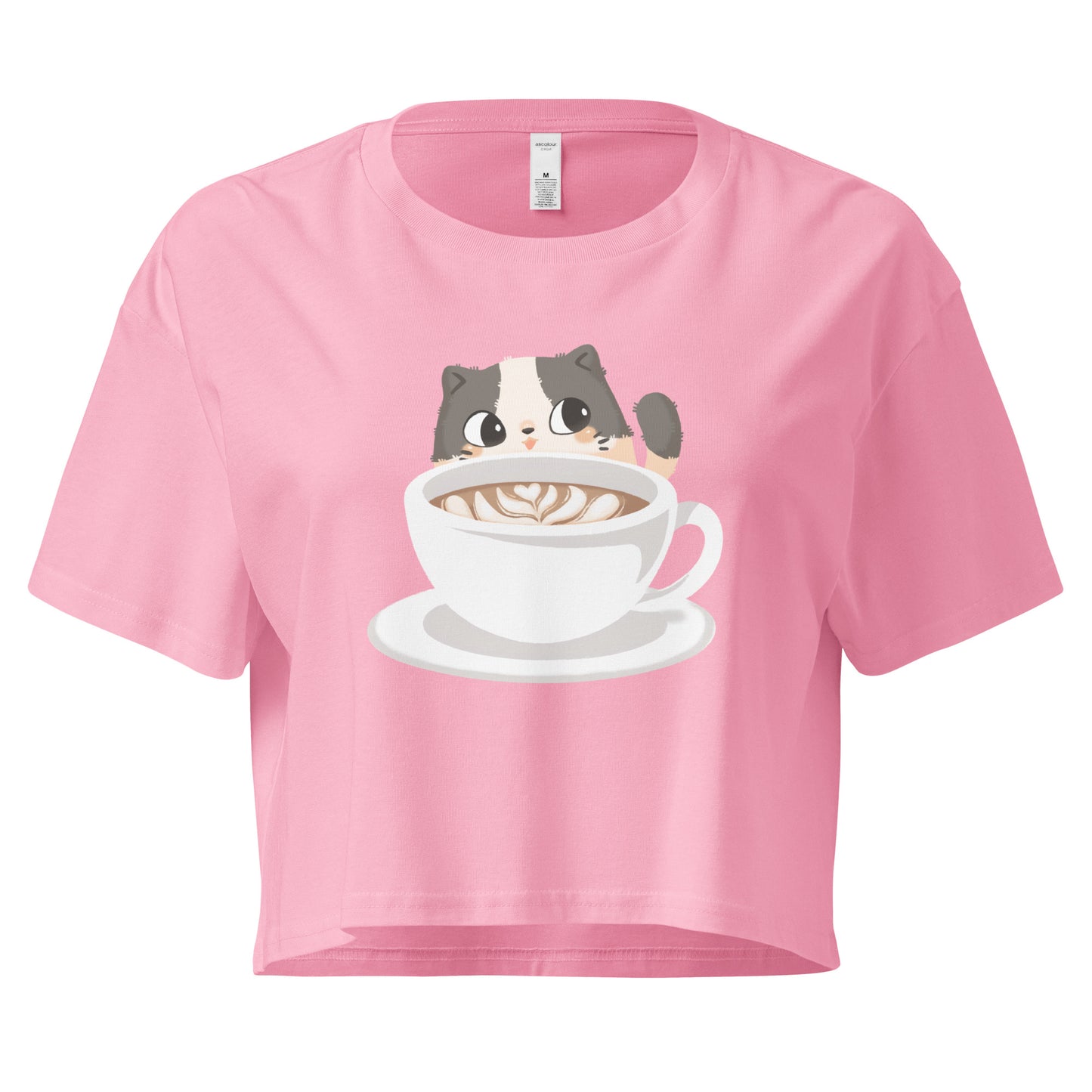 Pink crop top with cozy cat with latte design
