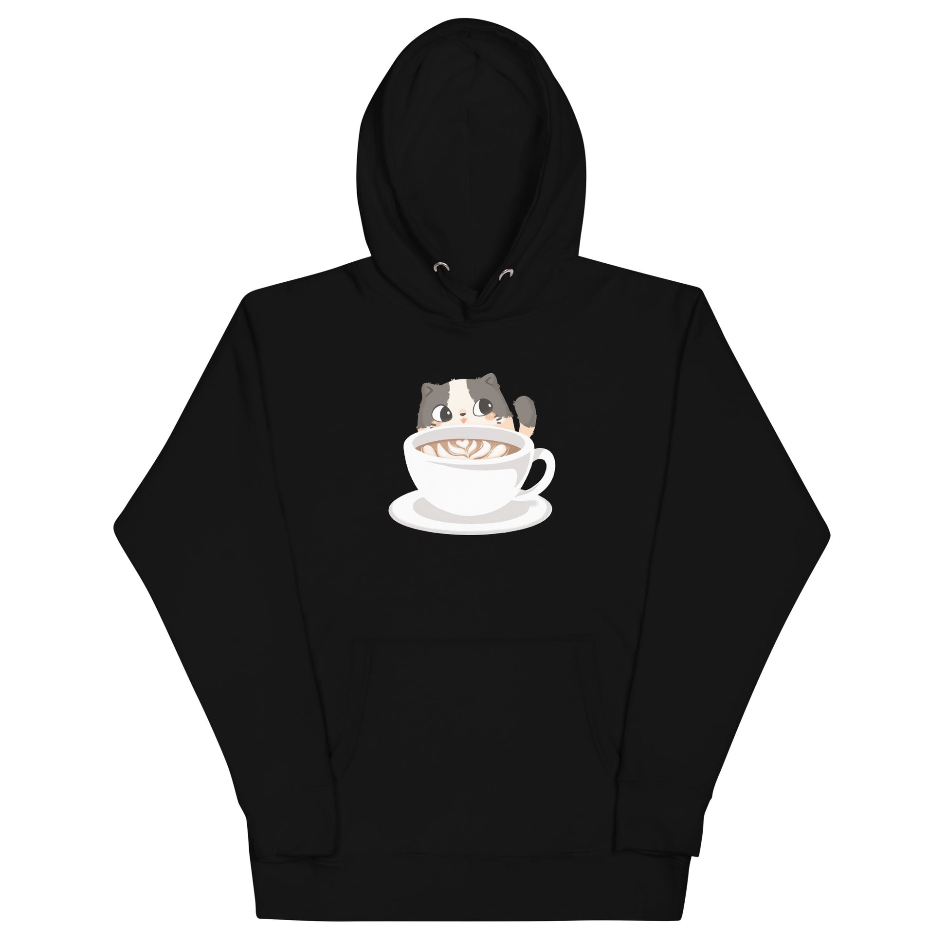 Black hoodie with a cozy cute cat with a coffee mug design