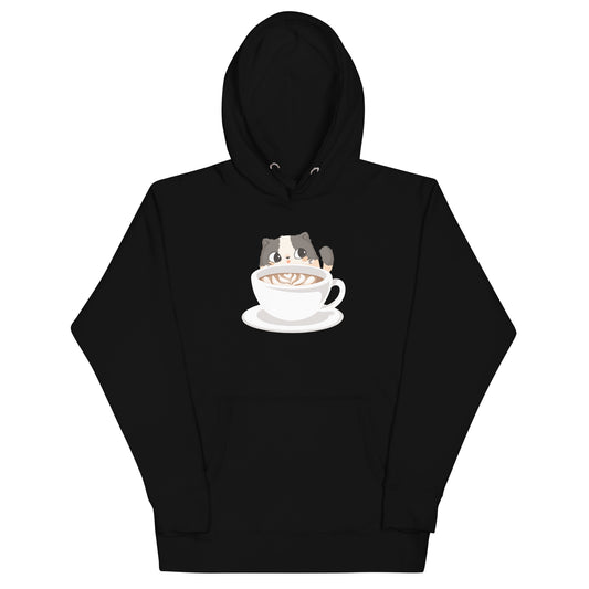 Black hoodie with a cozy cute cat with a coffee mug design