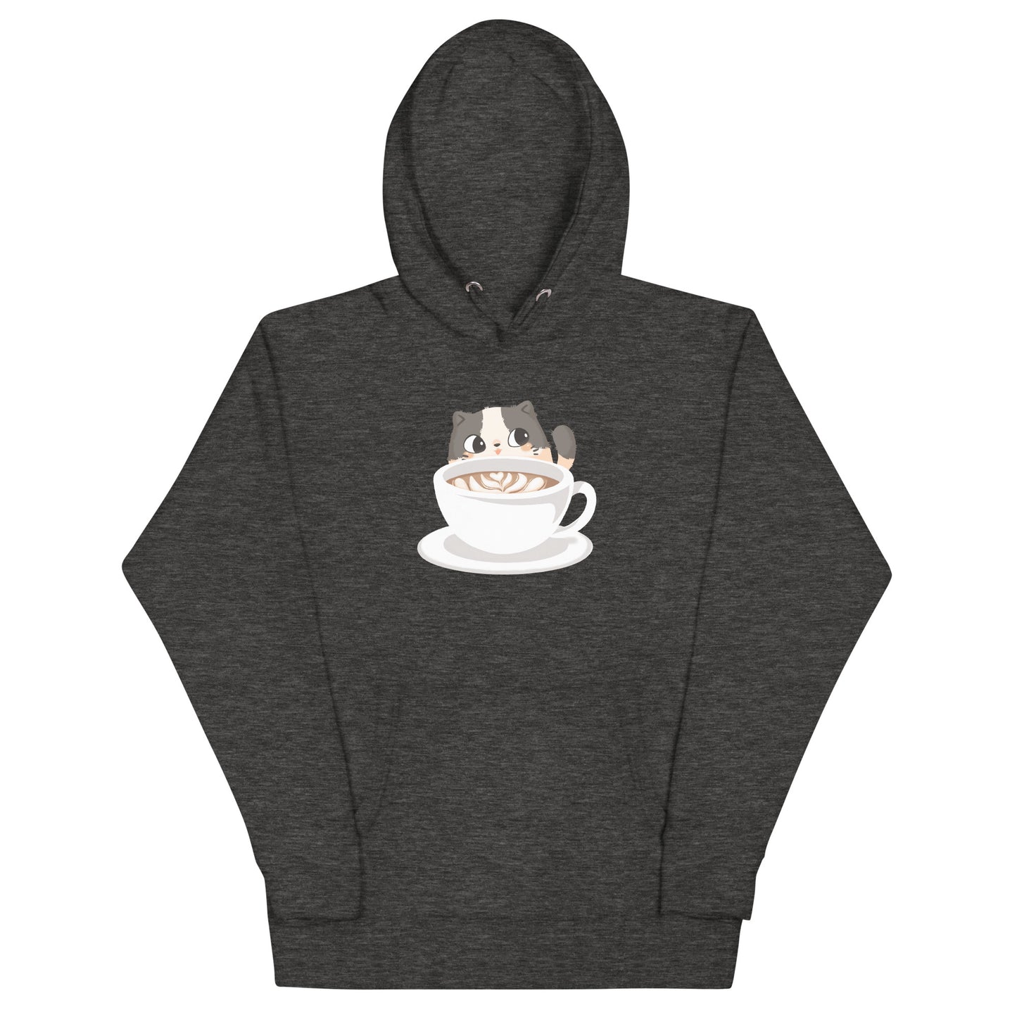 Heathered dark gray hoodie with a cozy cute cat with a coffee mug design