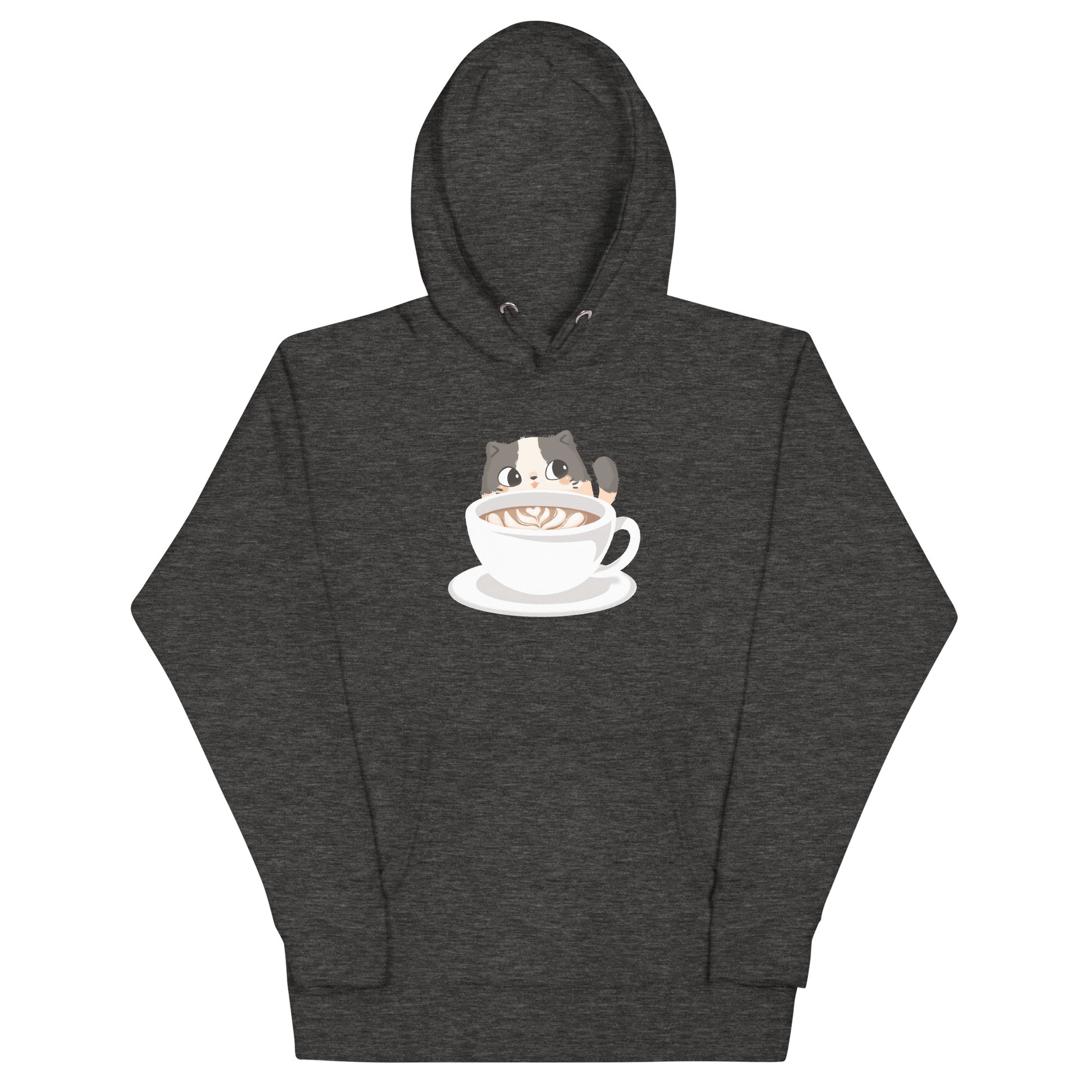 Heathered dark gray hoodie with a cozy cute cat with a coffee mug design