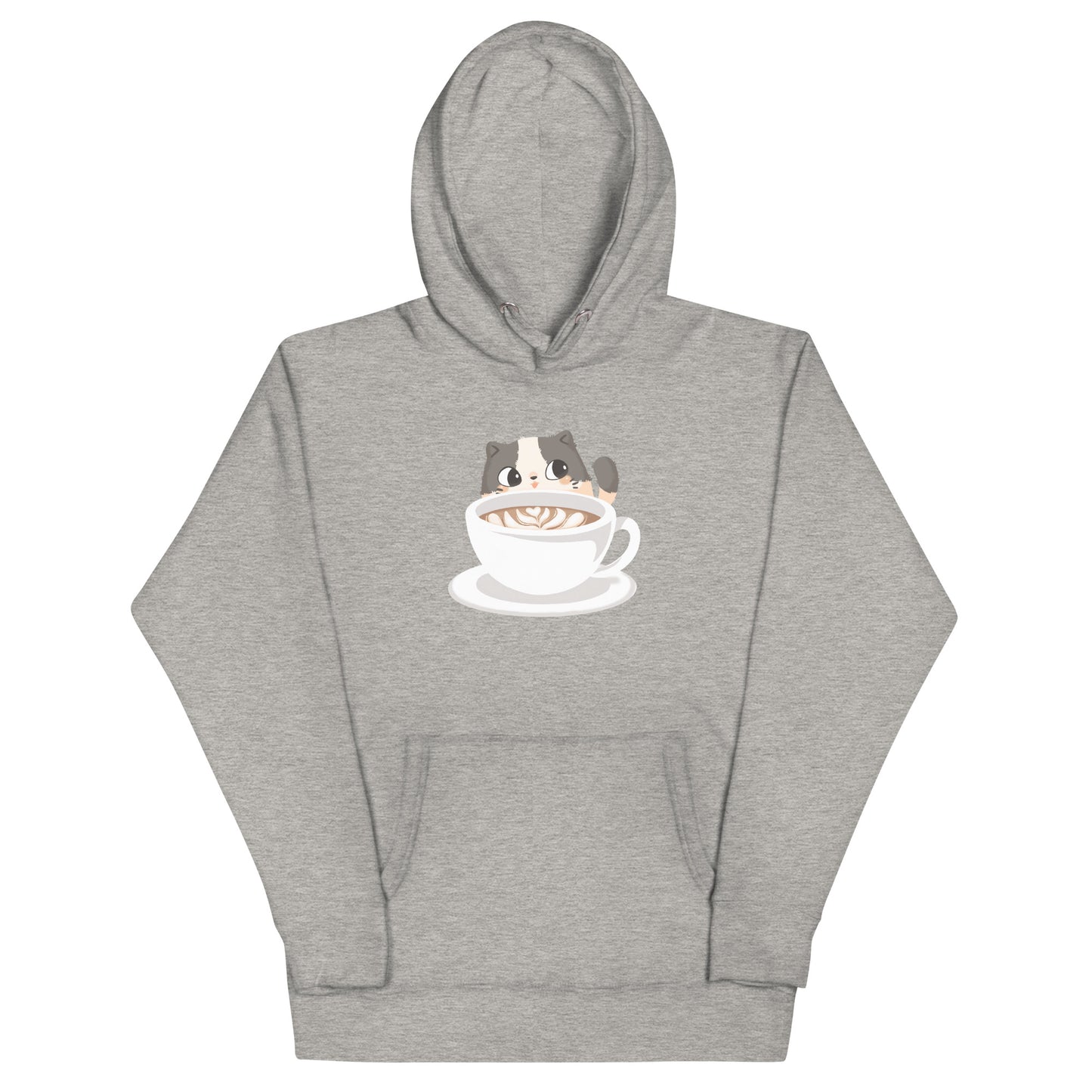 Heathered light gray hoodie with a cozy cute cat with a coffee mug design
