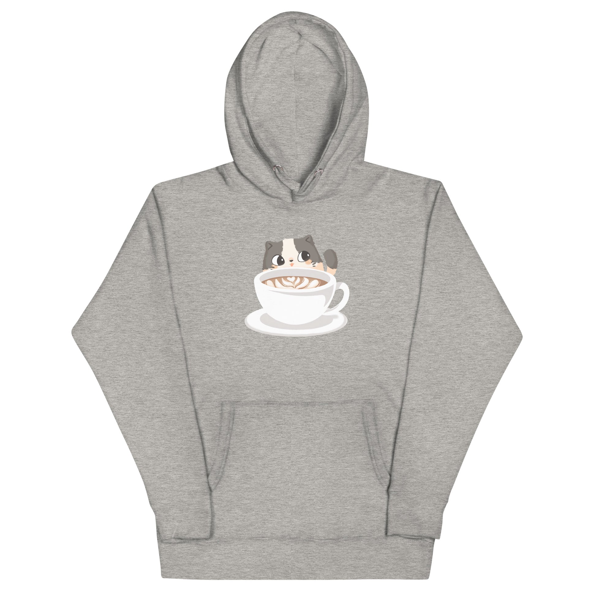 Heathered light gray hoodie with a cozy cute cat with a coffee mug design