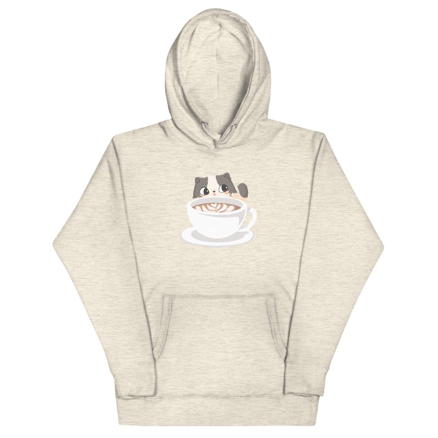 Heathered beige hoodie with a cozy cute cat with a coffee mug design