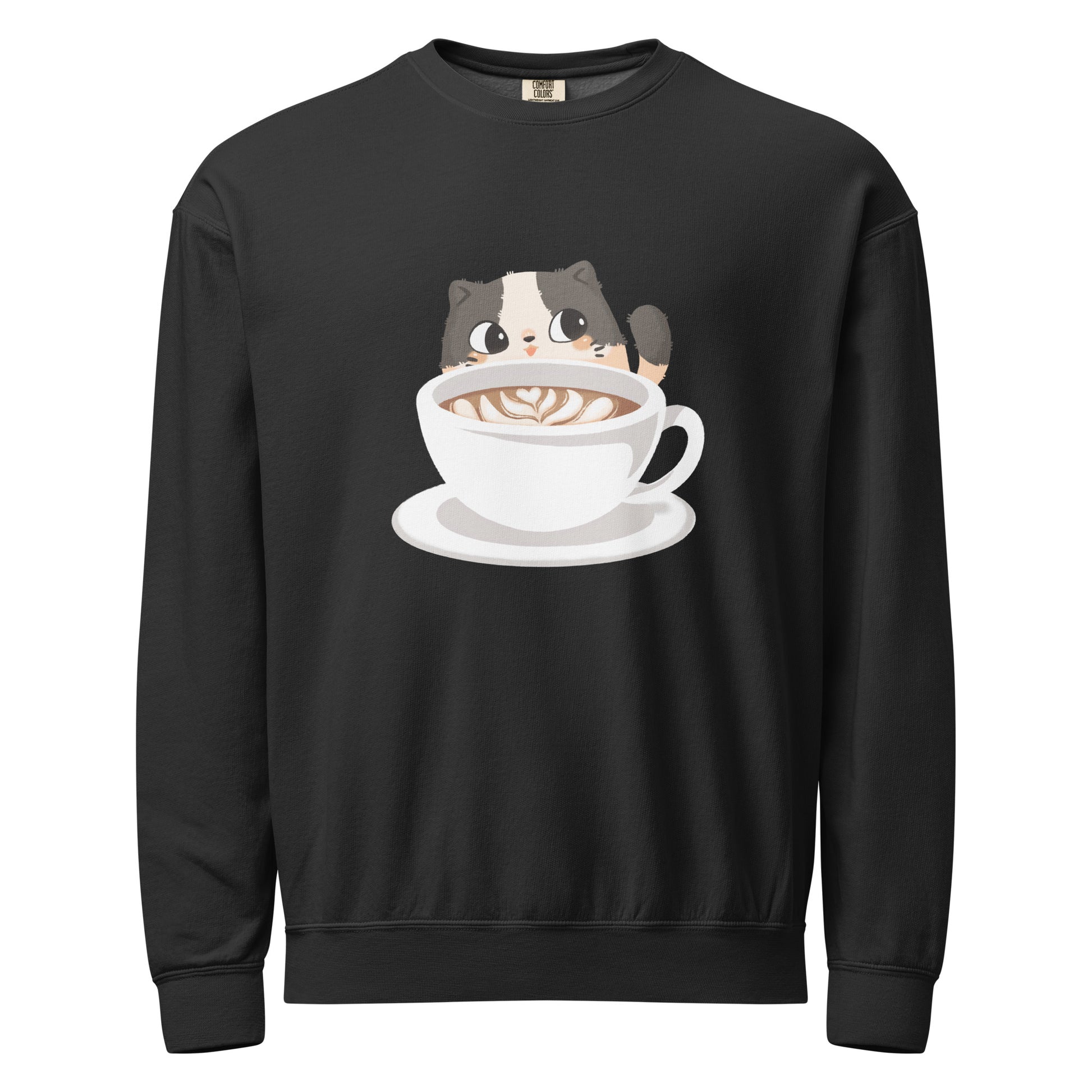 Meowlatte cat crewneck sweatshirt in black with cozy cat with a coffee cup design