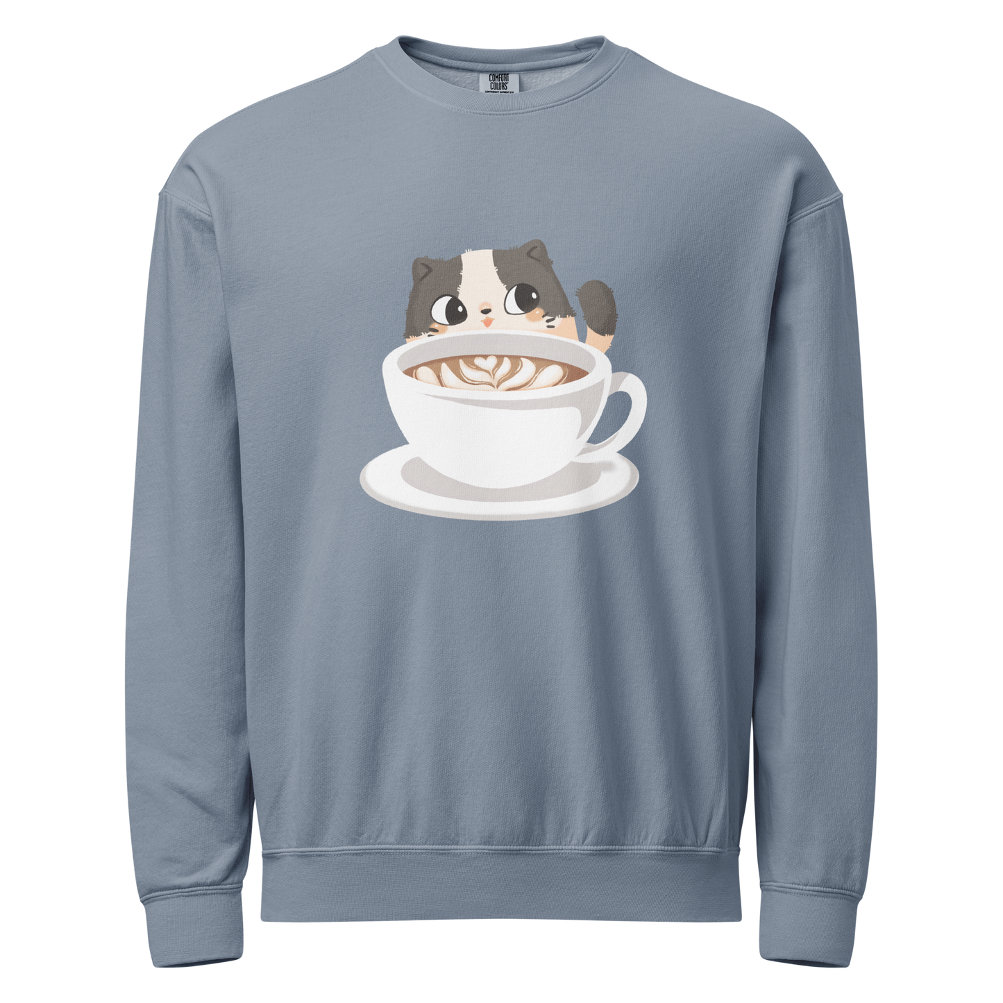 Meowlatte cat crewneck sweatshirt in blue with cozy cat with a coffee cup design