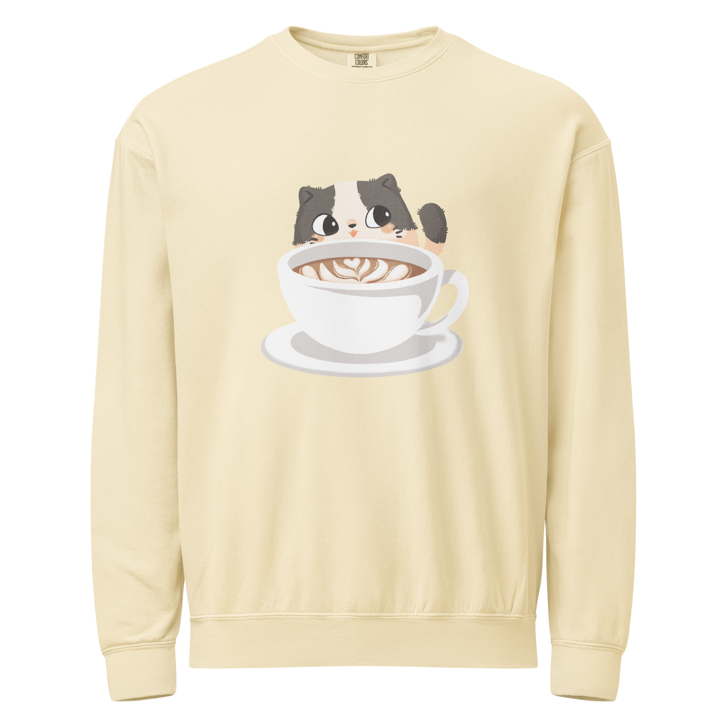 Meowlatte cat crewneck sweatshirt in ivory with cozy cat with a coffee cup design