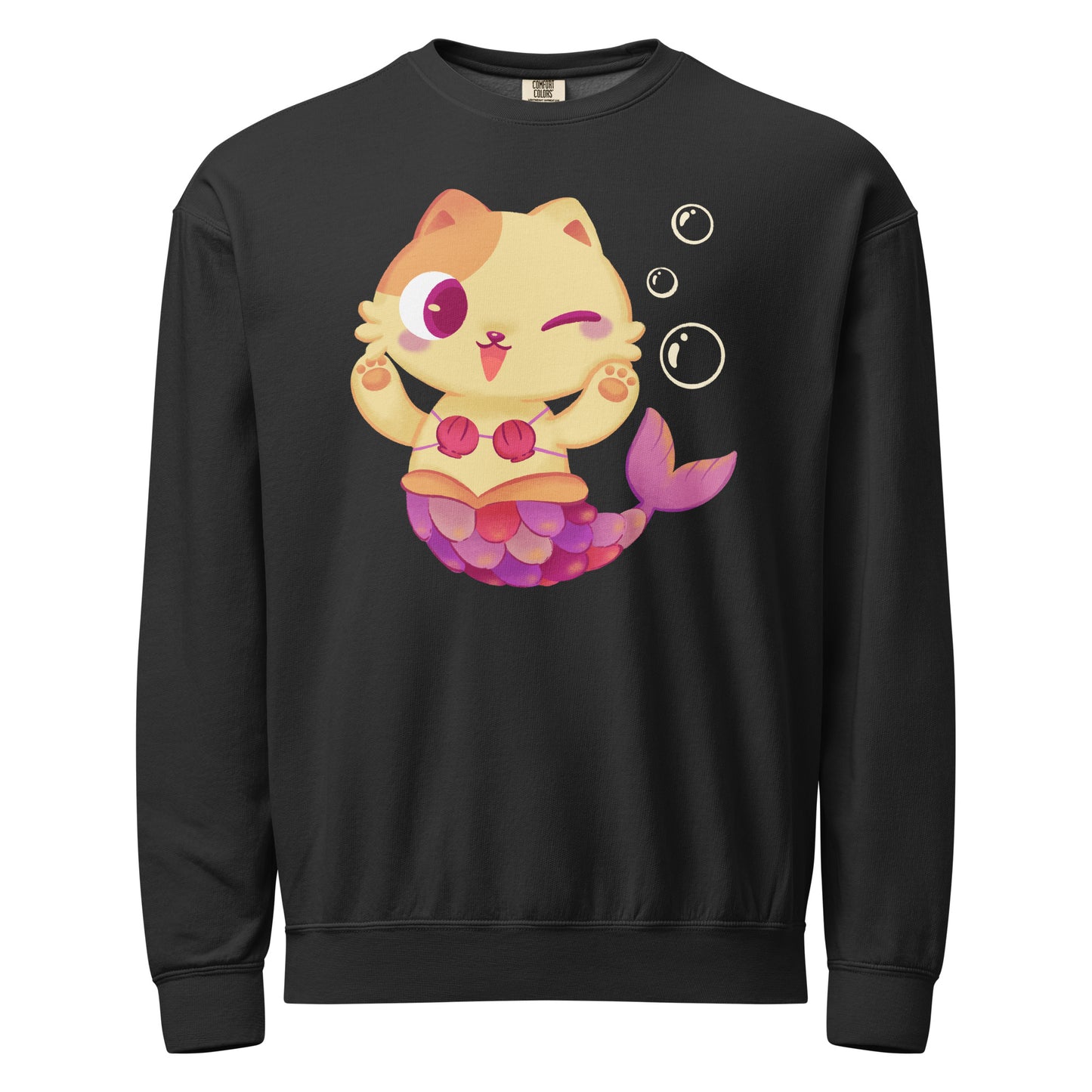 Black crewneck sweatshirt with a mermaid cat with bubbles design