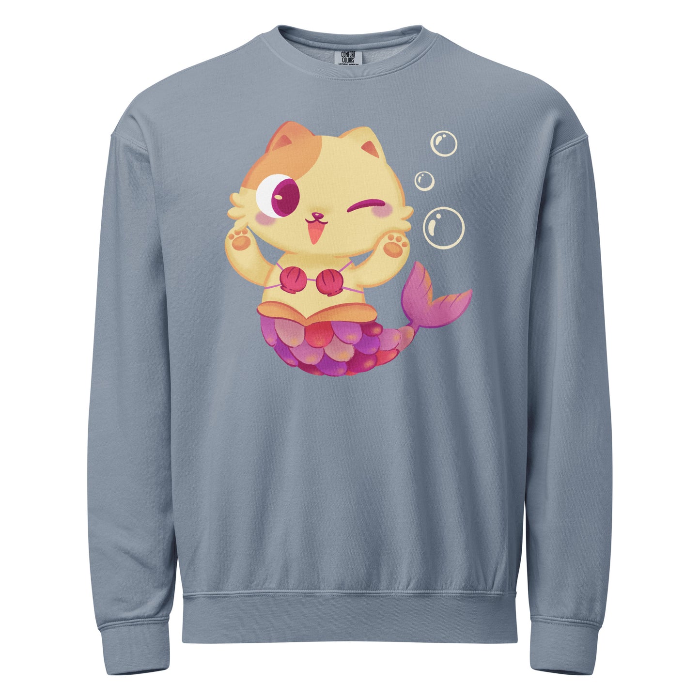 Blue crewneck sweatshirt with a mermaid cat with bubbles design