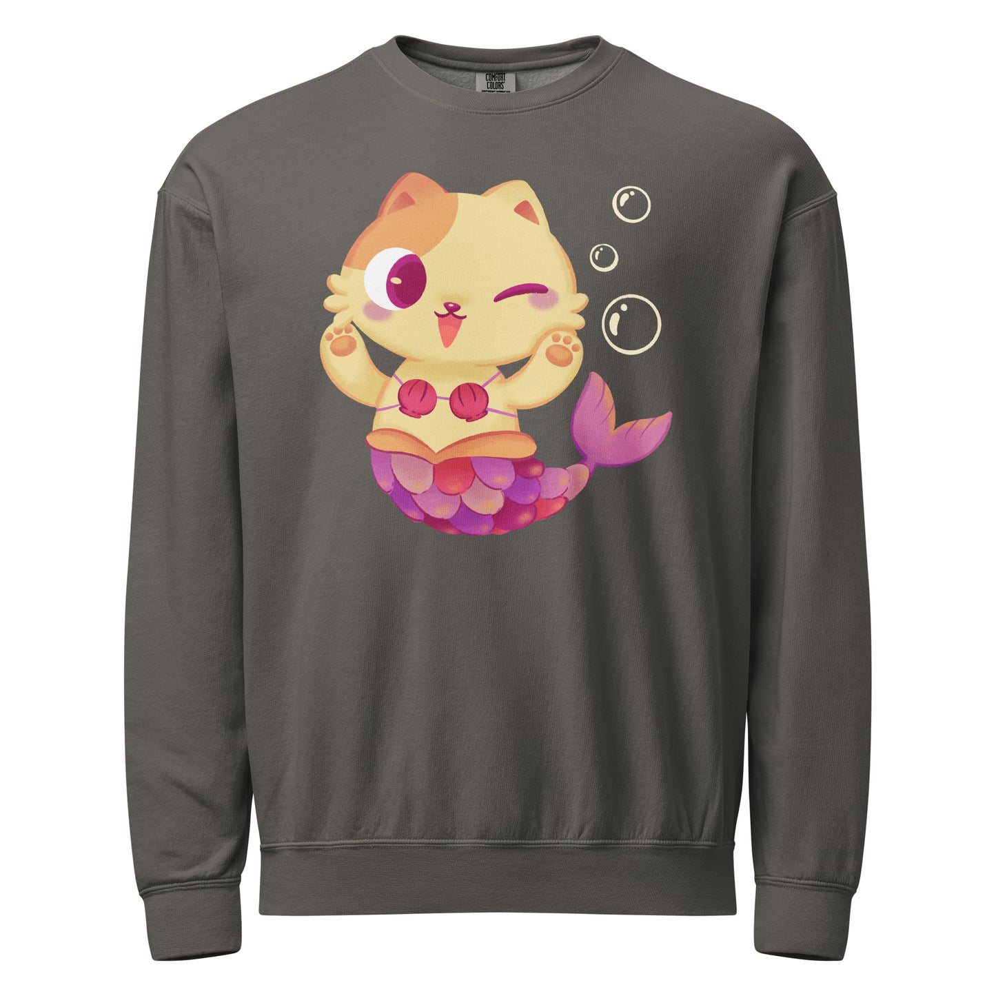 Gray crewneck sweatshirt with a mermaid cat with bubbles design
