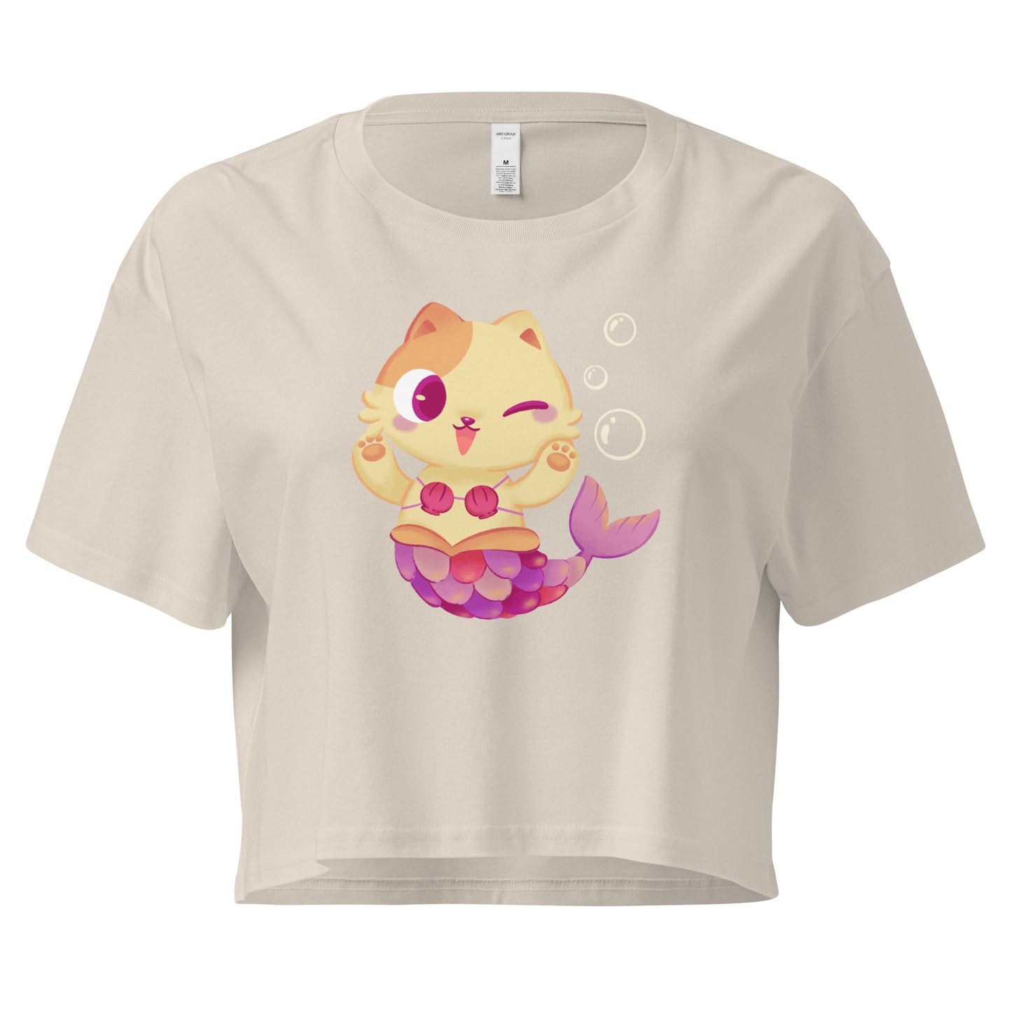 Beige crop top with cat mermaid and bubbles graphic design