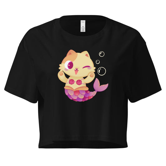 Black crop top with cat mermaid and bubbles graphic design