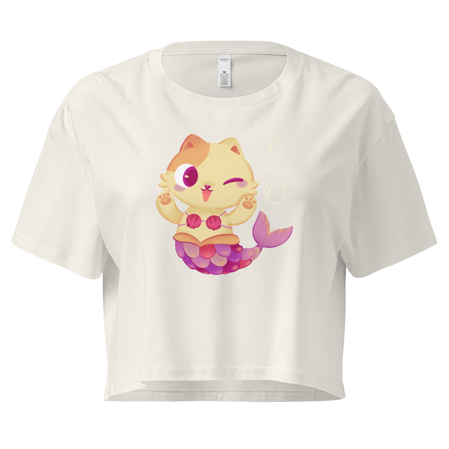 Crop top with cat mermaid and bubbles graphic design