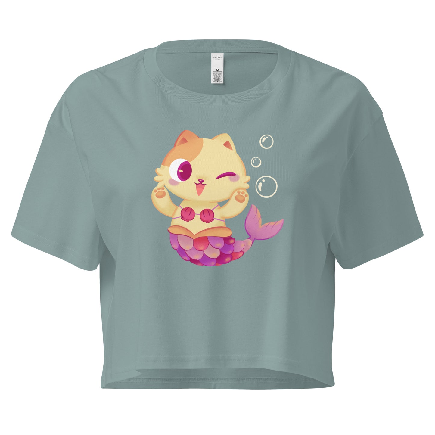 Crop top with cat mermaid and bubbles graphic design