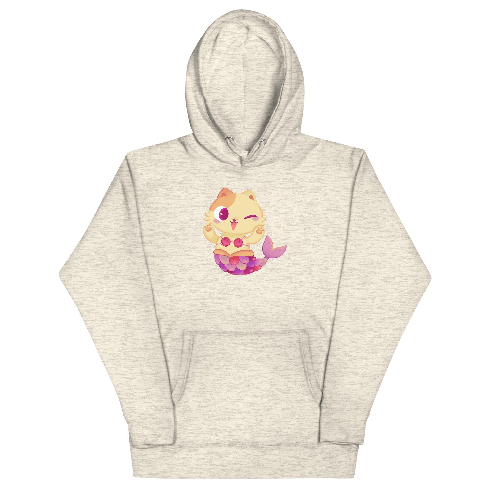 Beige heathered hoodie with cat mermaid and bubbles graphic design 