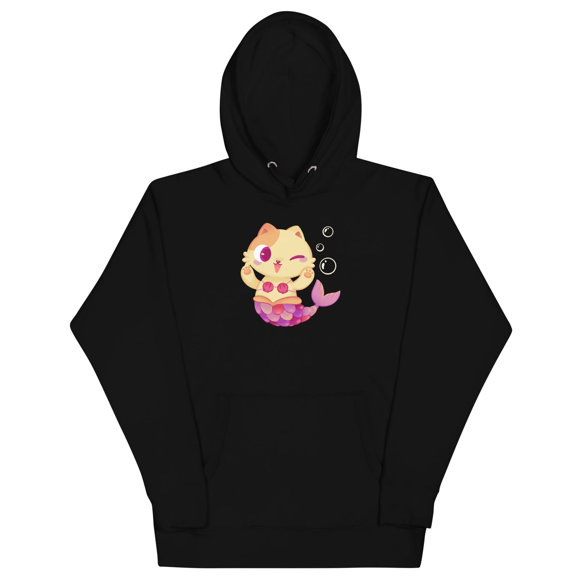 Black hoodie with cat mermaid and bubbles graphic design 