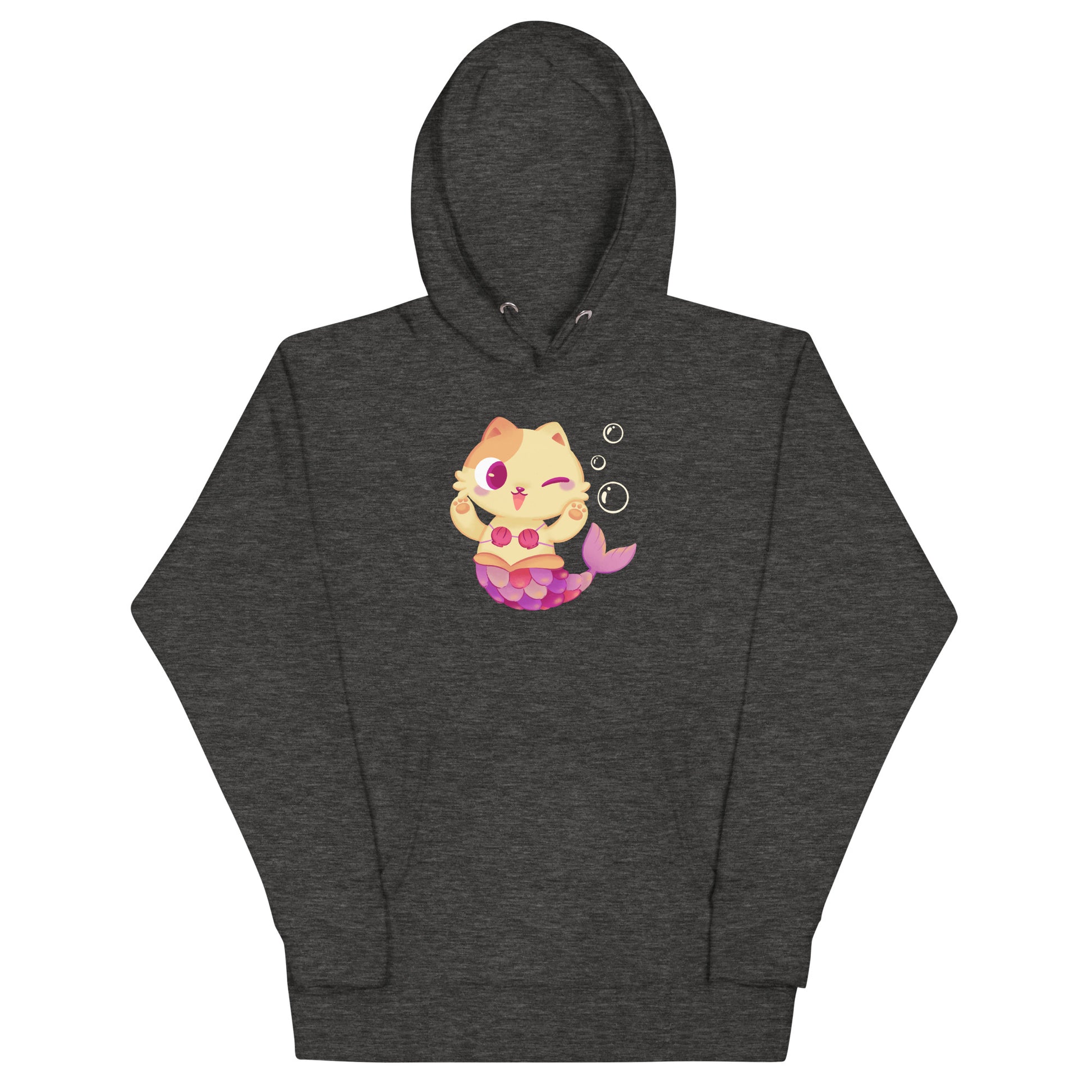Dark gray heathered hoodie with cat mermaid and bubbles graphic design 