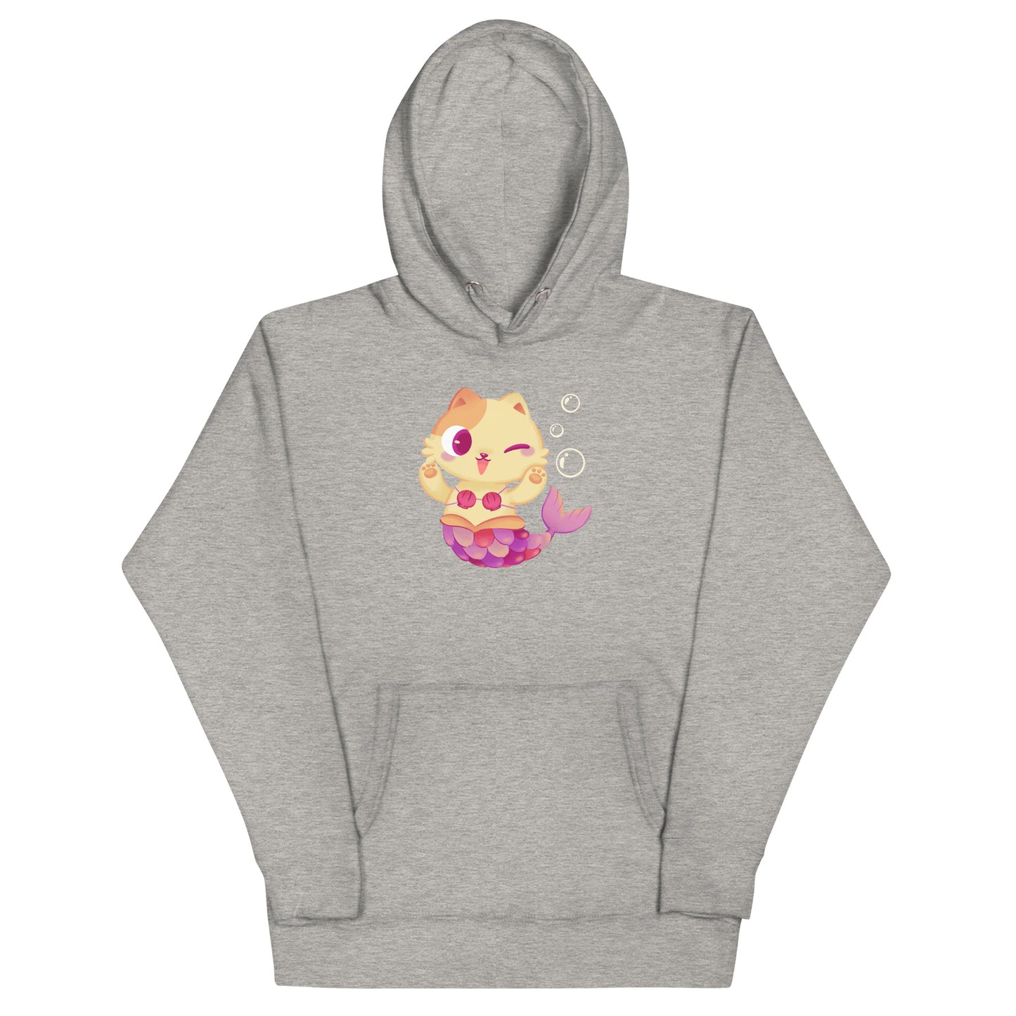 Light gray heathered hoodie with cat mermaid and bubbles graphic design 