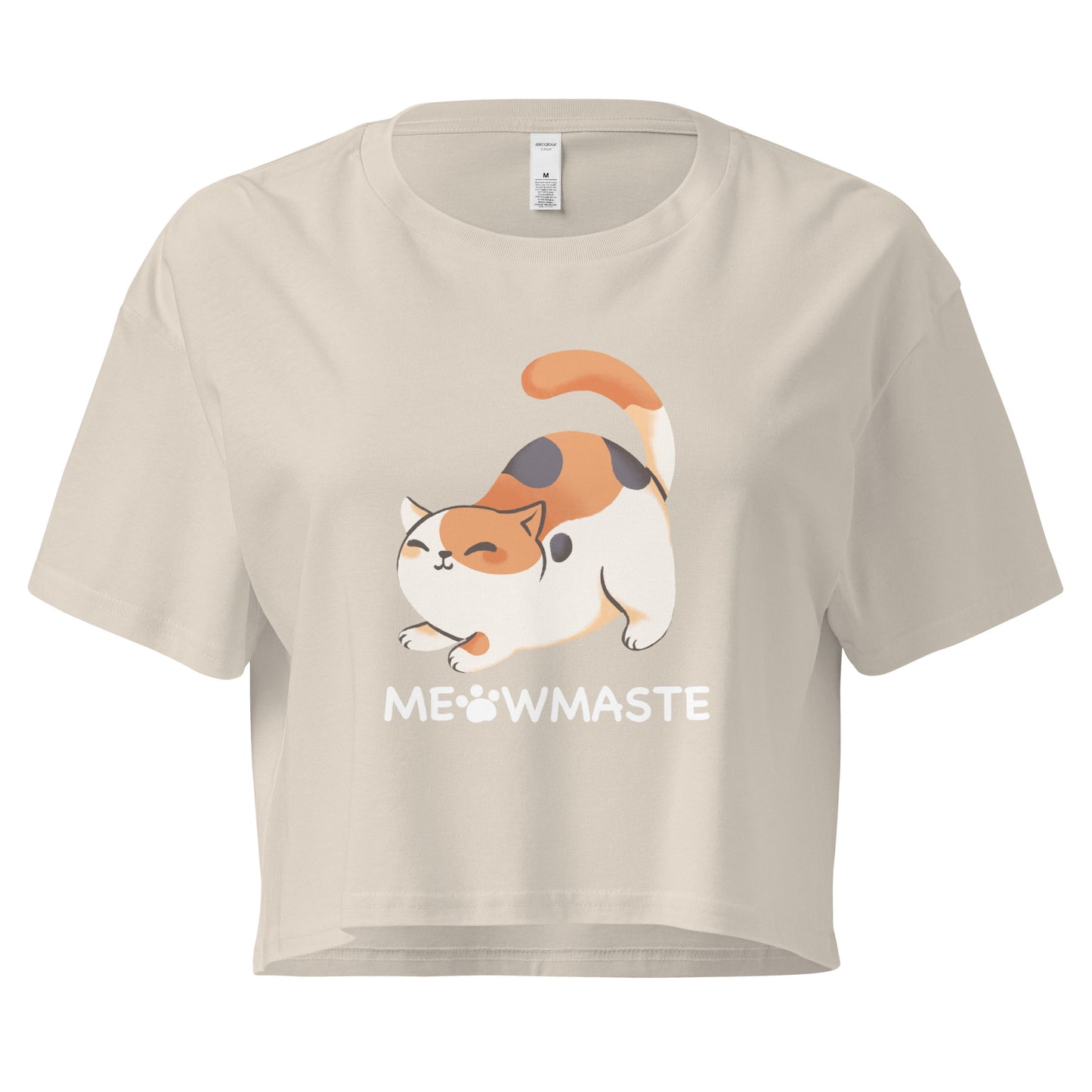 Beige crop top with cat in yoga pose design with 'Meowmaste' text below
