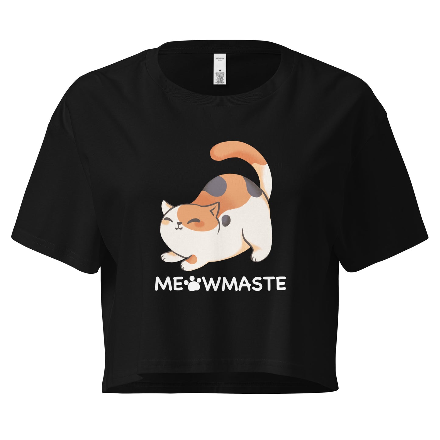 Black crop top with cat in yoga pose design with 'Meowmaste' text below 