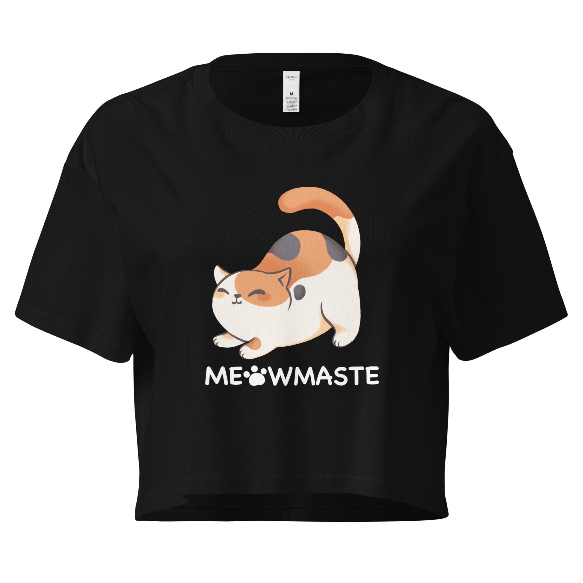 Black crop top with cat in yoga pose design with 'Meowmaste' text below 