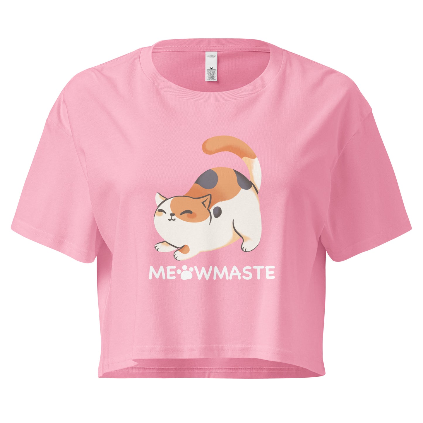 Pink crop top with cat in yoga pose design with 'Meowmaste' text below