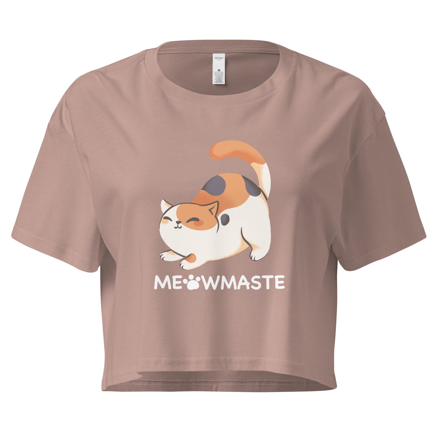 Crop top with cat in yoga pose design with 'Meowmaste' text below