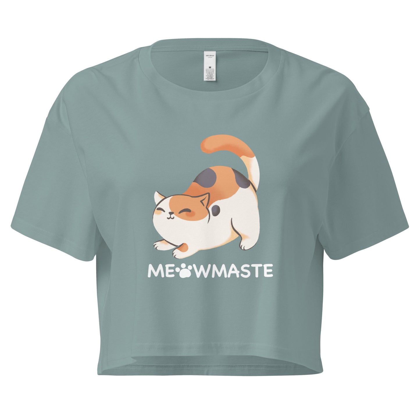 Crop top with cat in yoga pose design with 'Meowmaste' text below
