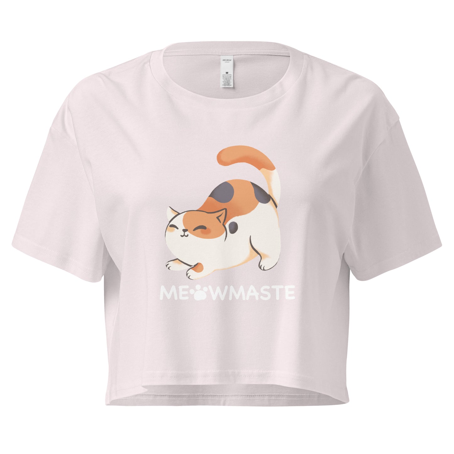 Crop top with cat in yoga pose design with 'Meowmaste' text below