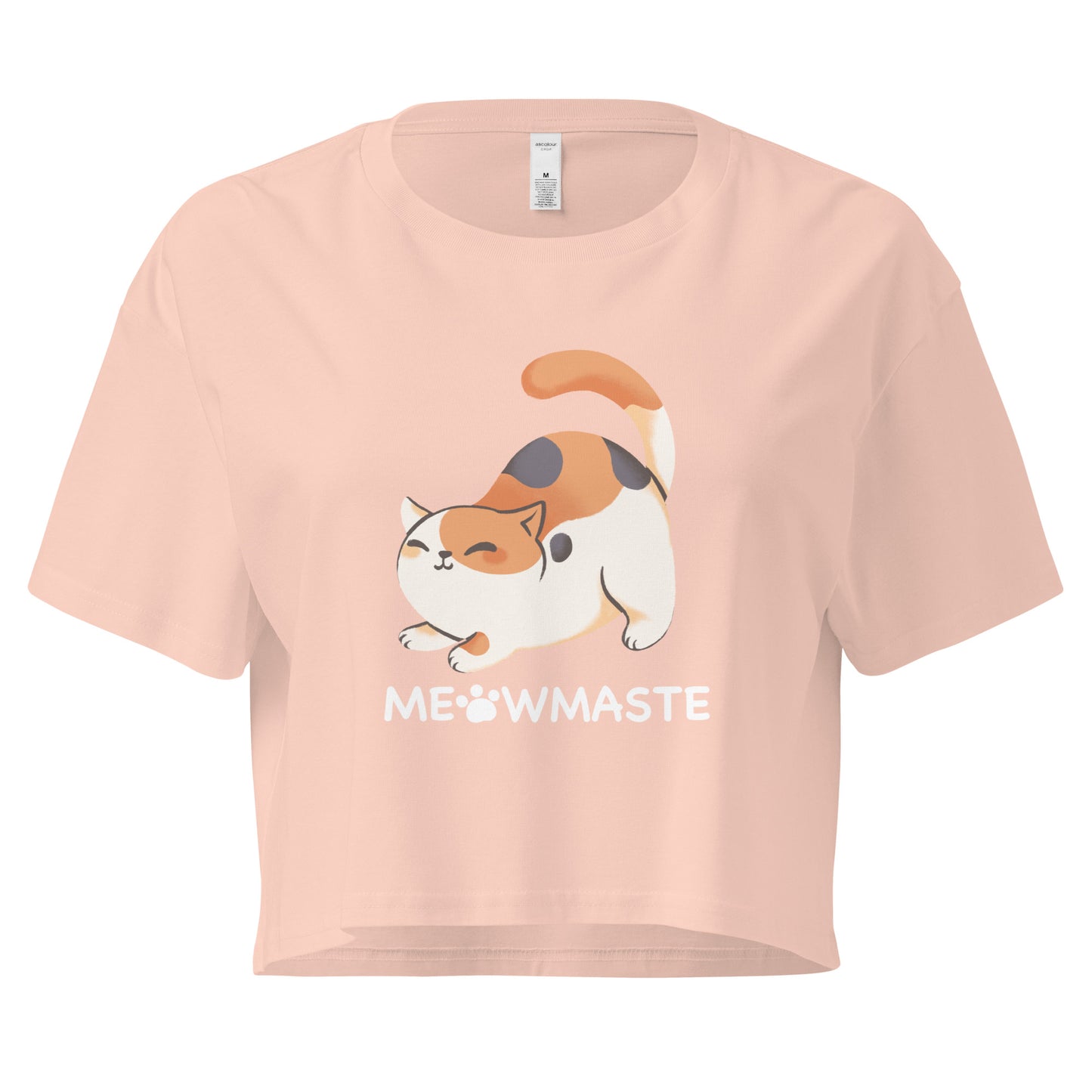 Peach crop top with cat in yoga pose design with 'Meowmaste' text below