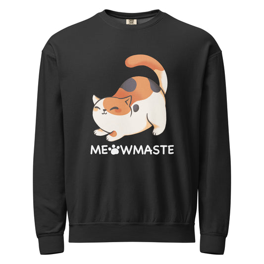 Meowmaste cat crewneck sweatshirt in black with calming yoga-inspired cat design