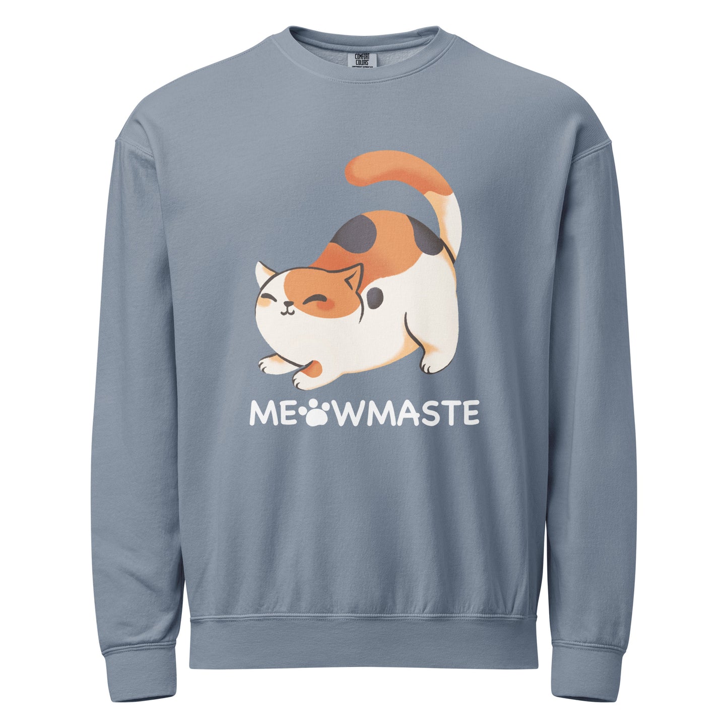 Meowmaste cat crewneck sweatshirt in blue with calming yoga-inspired cat design