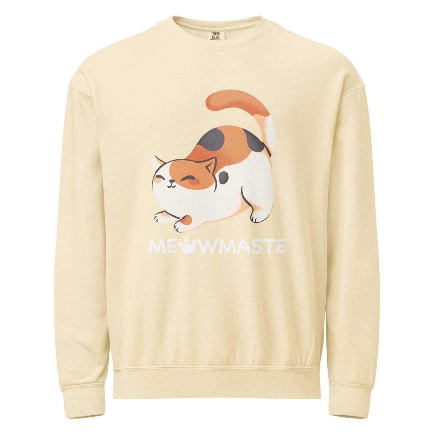 Meowmaste cat crewneck sweatshirt in ivory with calming yoga-inspired cat design