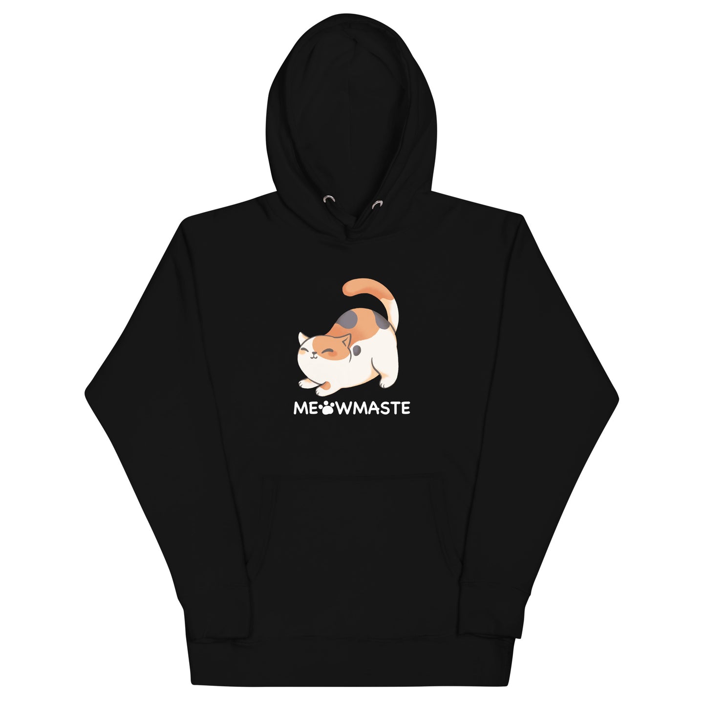 Black hoodie with cute calico cat in yoga pose design with 'MEOWMASTE' text