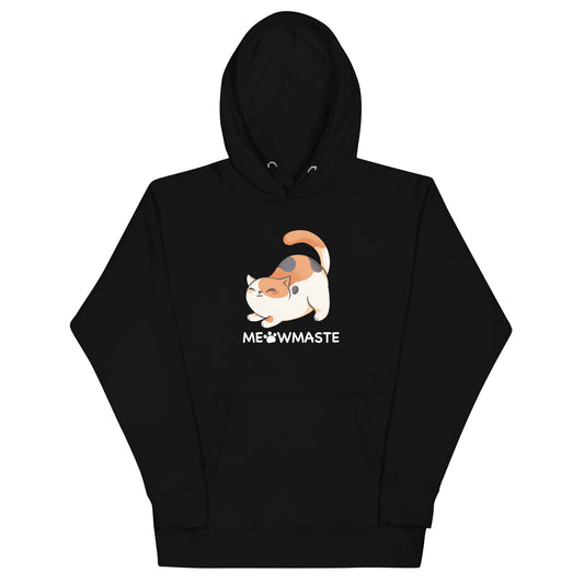 Black hoodie with cute calico cat in yoga pose design with 'MEOWMASTE' text