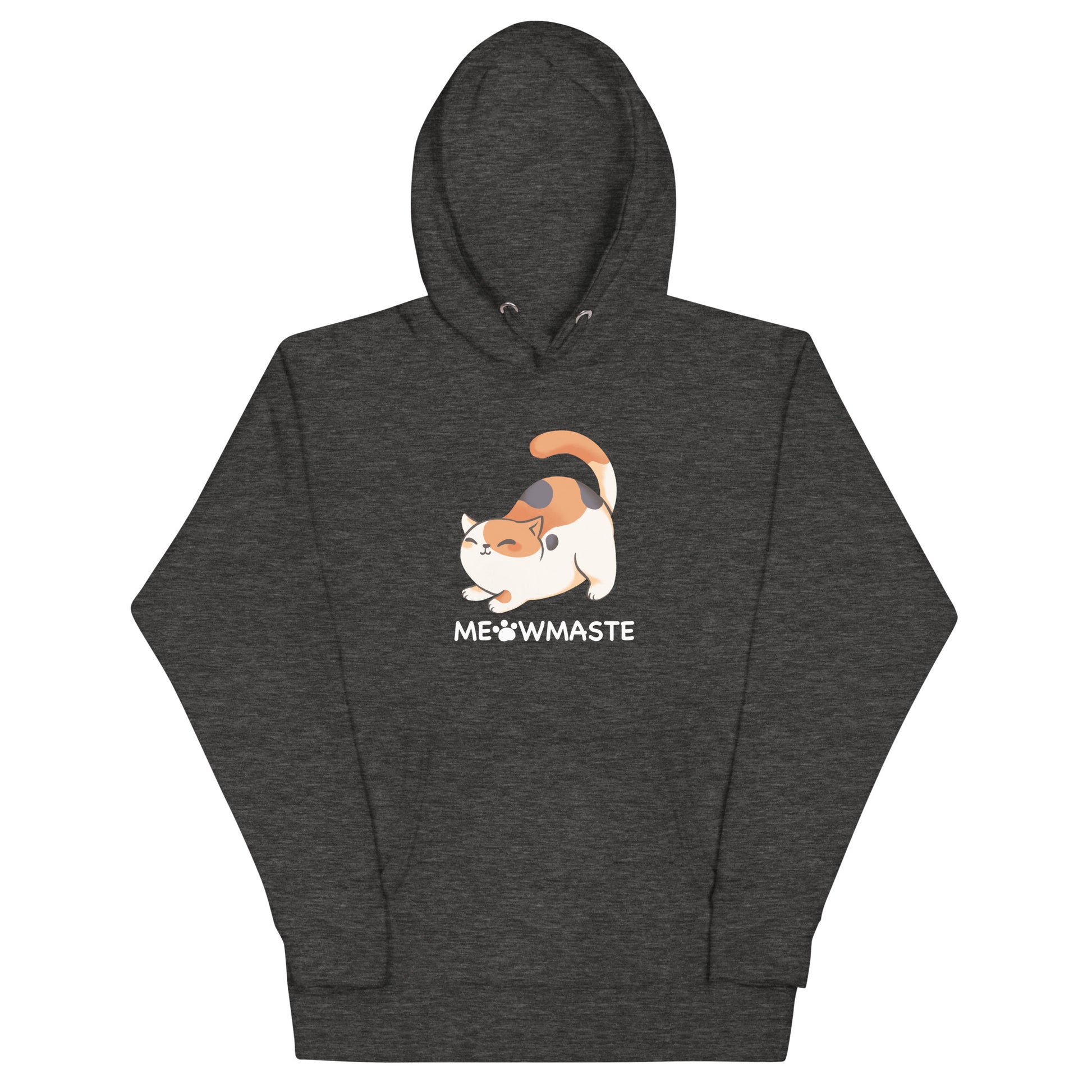 Heathered dark gray hoodie with cute calico cat in yoga pose design with 'MEOWMASTE' text
