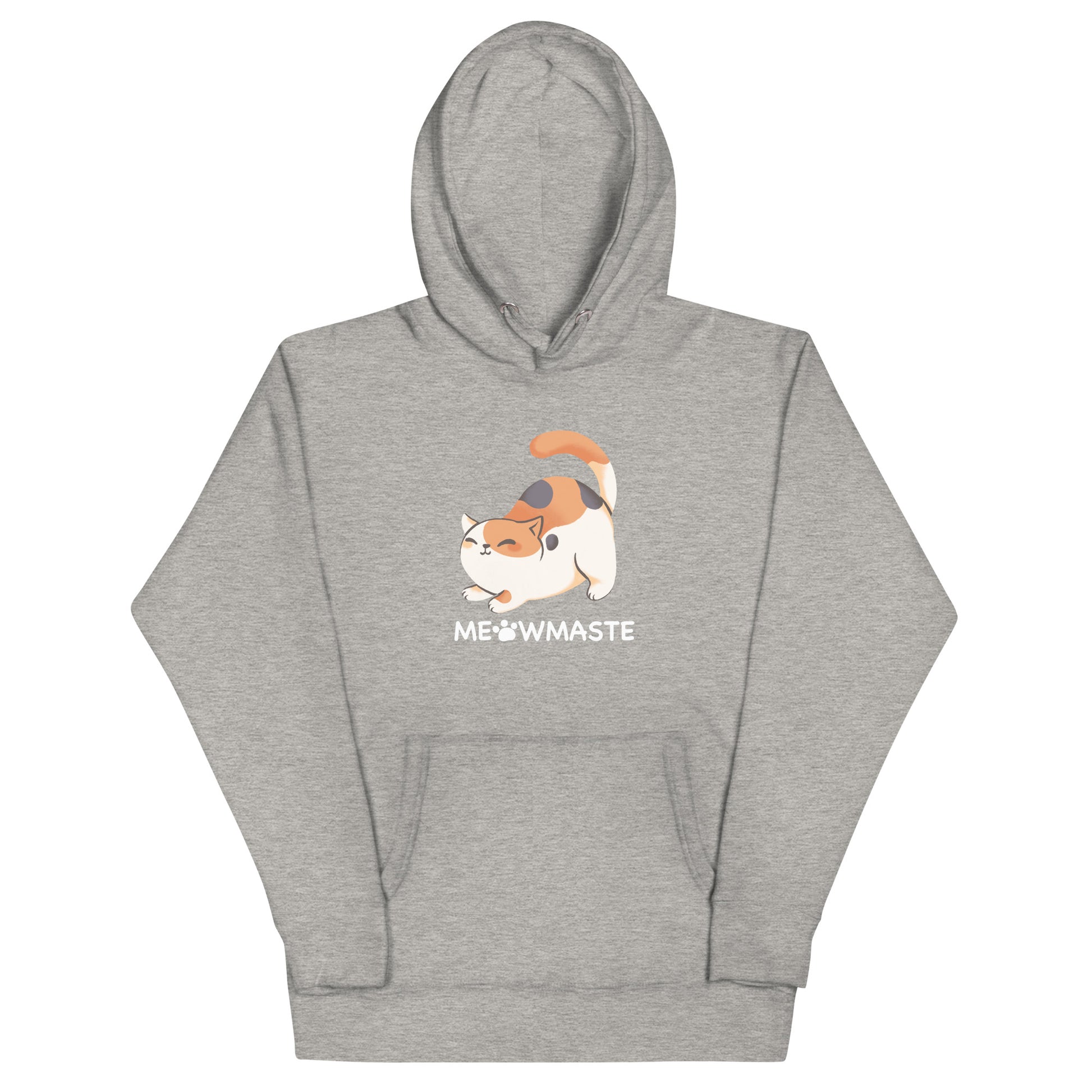 Heathered light gray hoodie with cute calico cat in yoga pose design with 'MEOWMASTE' text
